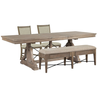 Extendable Trestle Dining Table With 2 Step Upholstered Side Chairs And Upholstered Bench