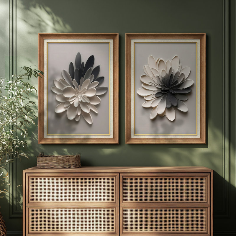 Modern 3D Floral Sculptural Art in Neutral Tones Contemporary Dimensional Wall Decor – Set of 2 Premium Framed Wall Art Print on Paper 26"x36"