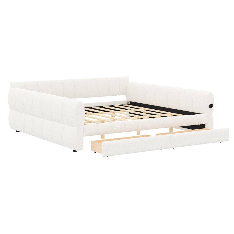 Lit plateforme rembourré avec port USB et 2 tiroirs pour chambre à coucher ou chambre d'amis