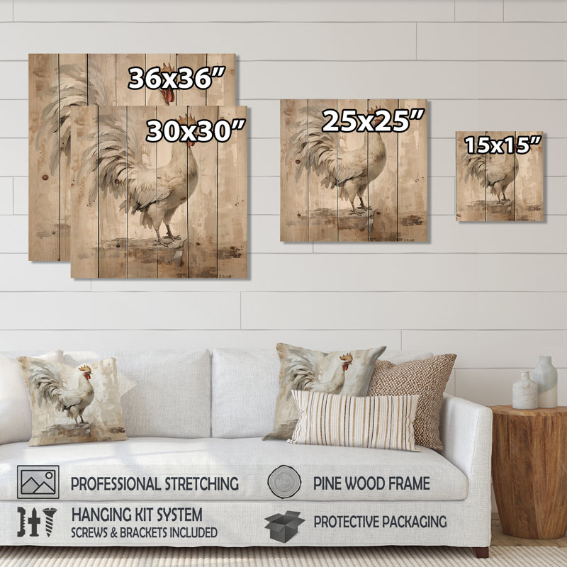 Rustic Rooster Wooden Peck II - Chicken Animal On Wood Print, 25" H x 25" W