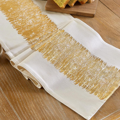 Cotton & Linen Table Runner - Gold - Metallic Style With Pre-Pressed Striping, Long Design For Birthday, Wedding, And Home Living Room Decor