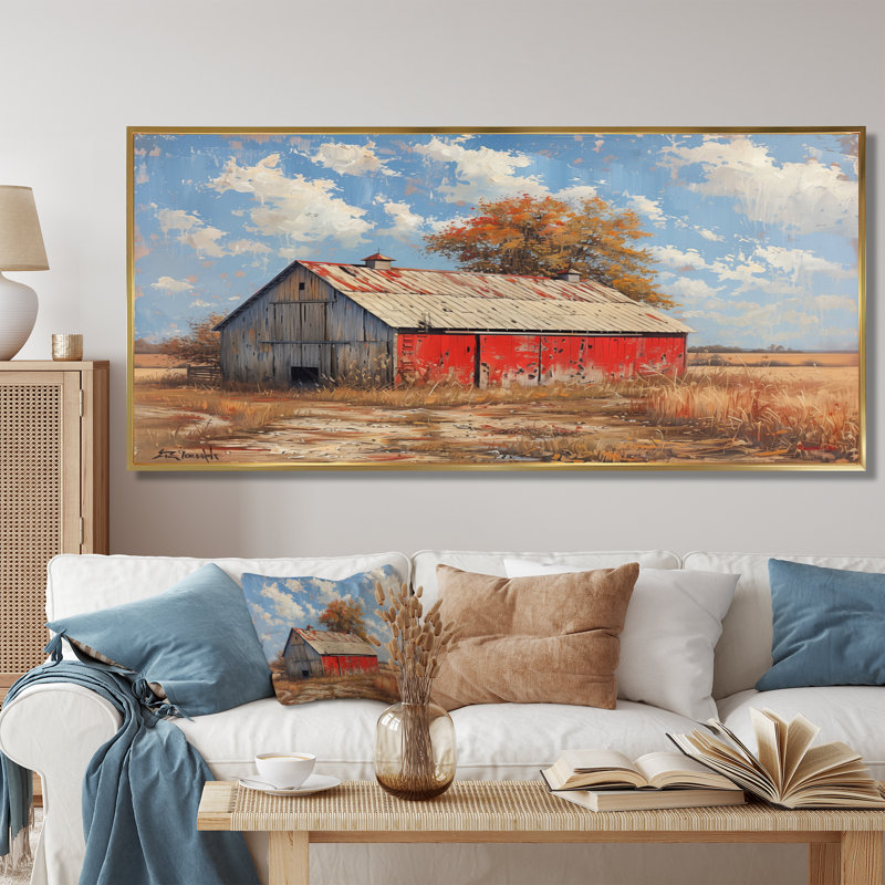 Décoration grise rouge et grise d'été - décoration murale grange, Toile avec cadre flottant or, H 28 po x l 60 po x P 1,5 po