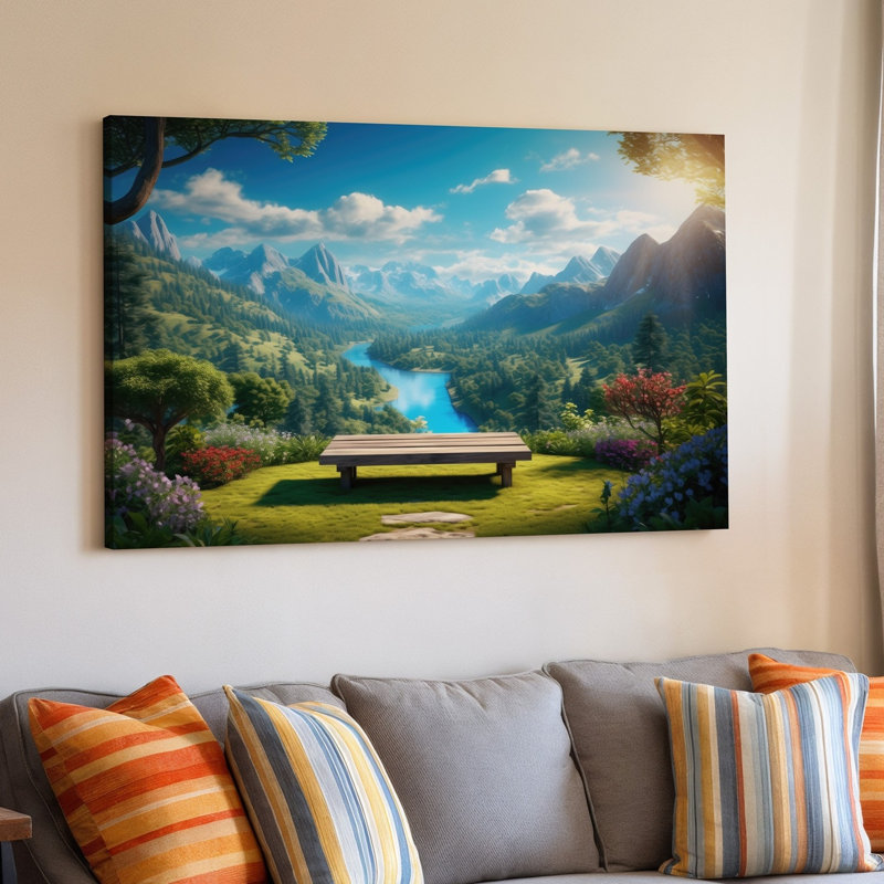 Toile d'un paysage serein avec un banc en bois placé à l'avant, art mural invitant les spectateurs à s'asseoir et à admirer la toile