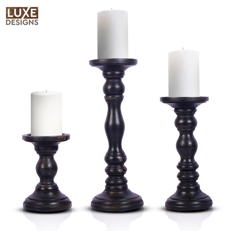 Black Wooden Tabletop Candlestick Set of 3