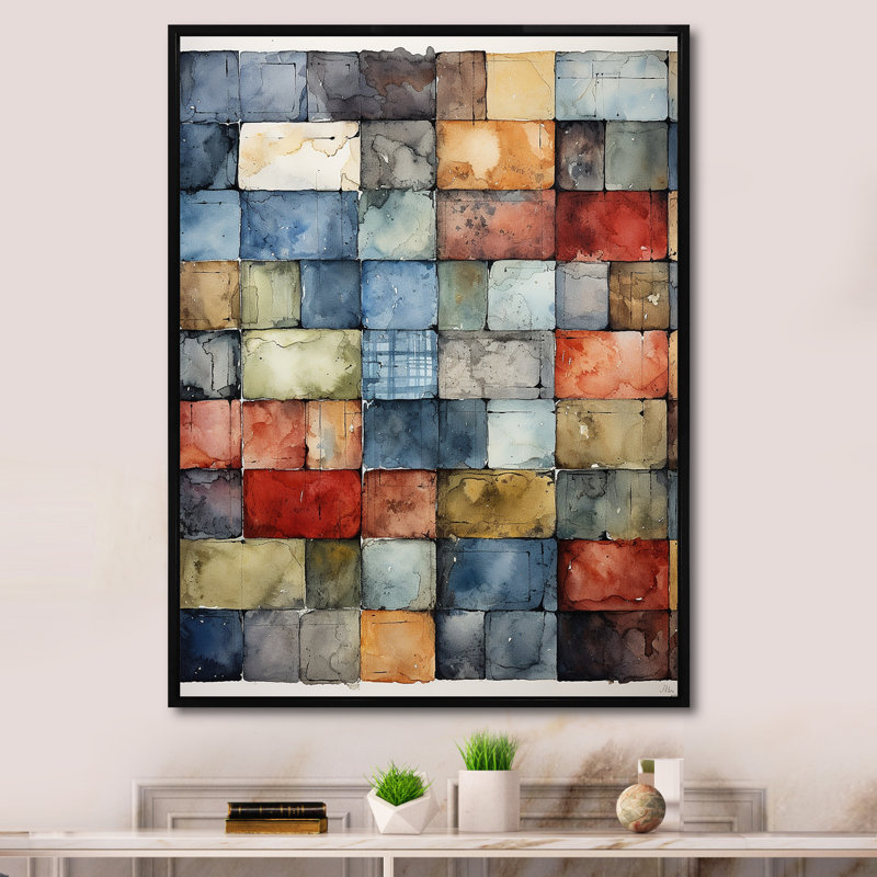 «Colorful Colorful Colors Tiles II», art mural abstrait, Cadre flottant noir, H 44 po x l 34 po x P 1,5 po