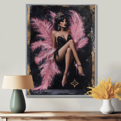 Dark Haired Woman With Pink Feathers - Woman Cabaret Wall Art Living Room