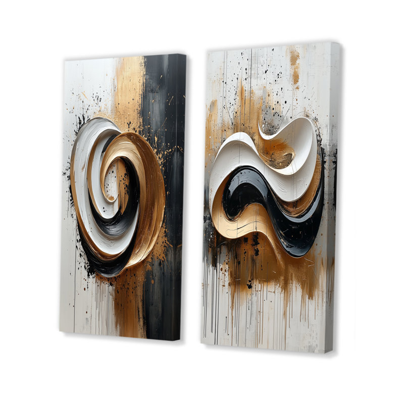 Encre noire et blanche Organic Fusion I - formes abstraites, ensemble de 2 pièces d'art mural, Toile tendue