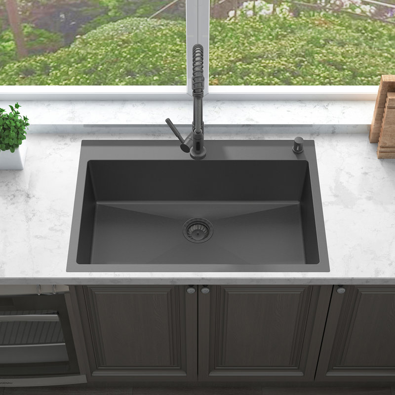 Évier de cuisine à simple cuve encastrable 33 po x 22 po avec finition en acier inoxydable 304 de calibre 18 Sinber, Noir mat