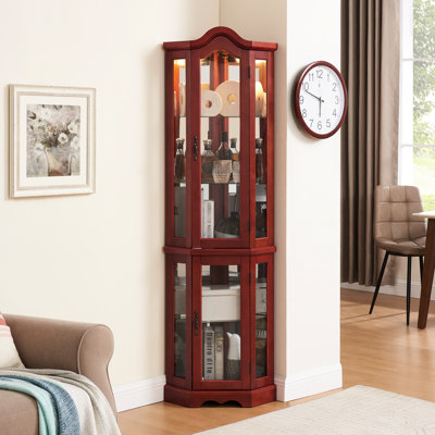 Vitrine en cerisier avec verre trempé et tablettes réglables, éclairée pour le salon