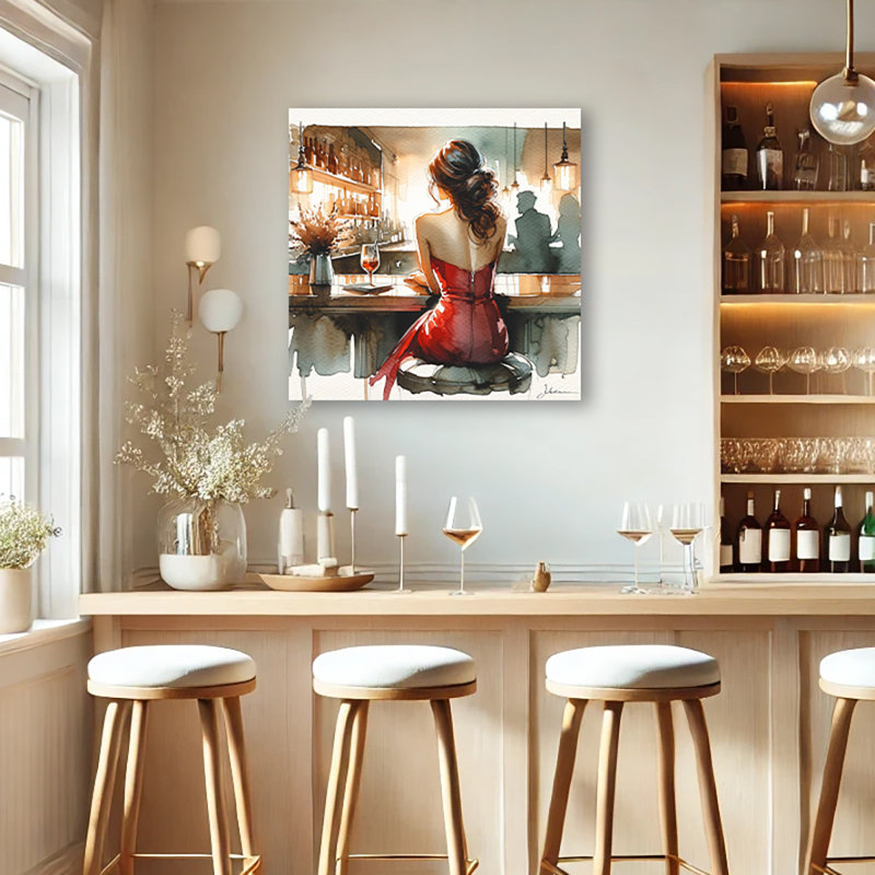 Art mural moderne sur toile tendue, "Moderne en robe rouge" pour salon, salle à manger ou bar à la maison