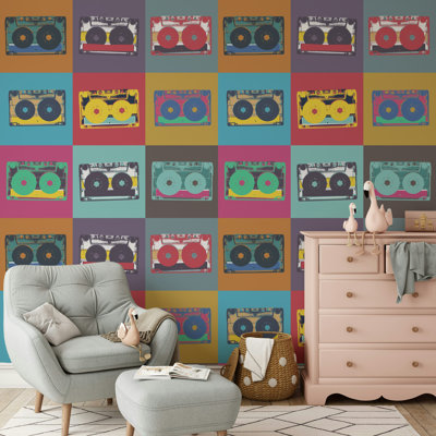 Papier peint rétro avec cassettes Pop Art