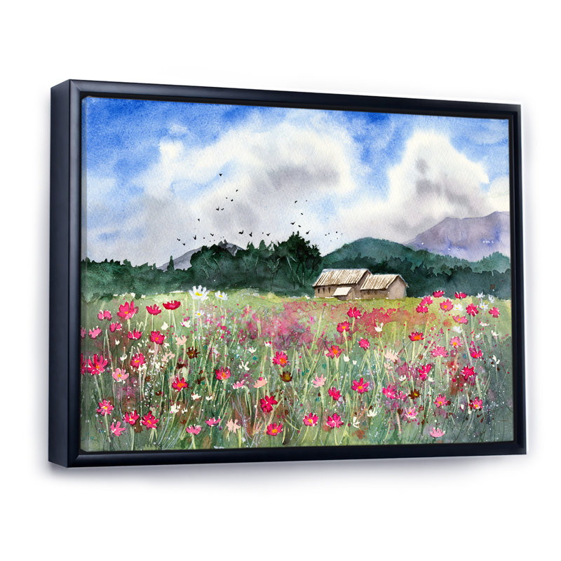 Paysage avec un champ de fleurs blanches et roses - Peinture sur toile, Cadre flottant noir, H 12 po x l 20 po x P 1 po