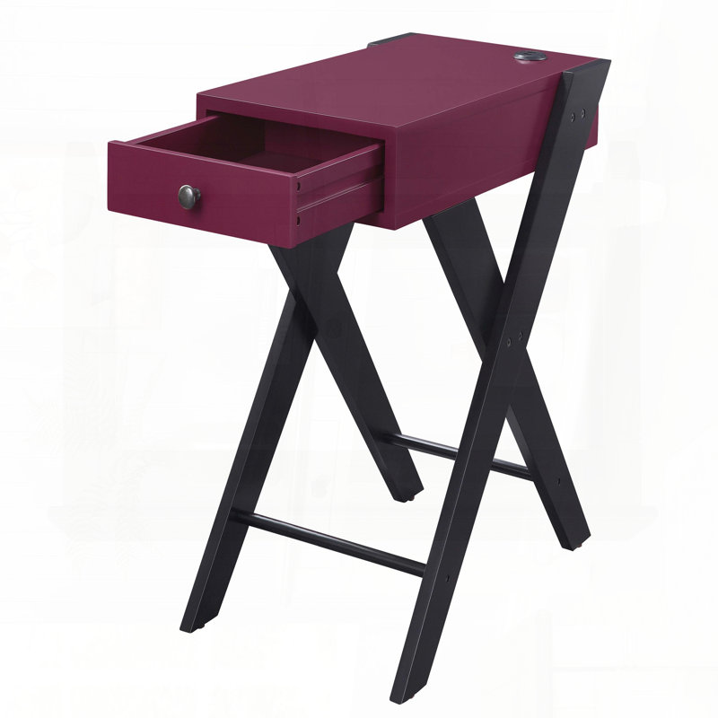 Table d'appoint bourgogne et noire avec ports USB et pieds en X en bois, Rouge