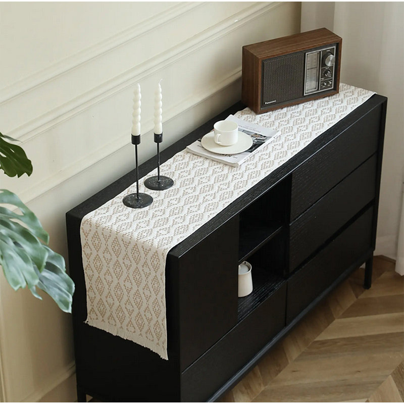 Chemin de table géométrique tissé à losanges moderne avec frange l 14 po x L 72 po, Ivoire