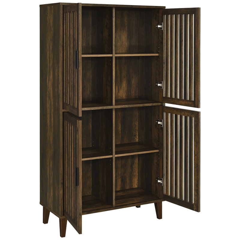 Grande armoire d'appoint à 4 portes en pin foncé, beauté rustique, lattes verticales, idéal pour les salons modernes avec finition, design d'inspiration asiatique, tablettes en bois, multiples espaces de rangement