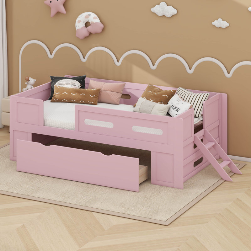 Lit plateforme en bois avec garde-corps et tiroir, Simple, Rose