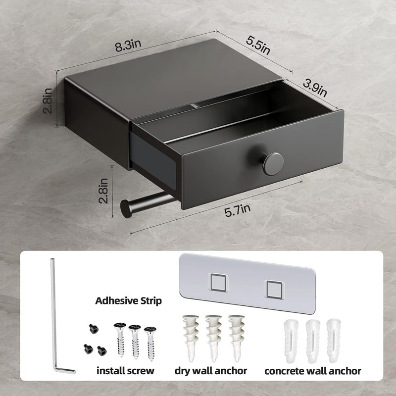Porte-papier hygiénique adhésif avec tablette, tiroir et distributeur de lingettes, Gris