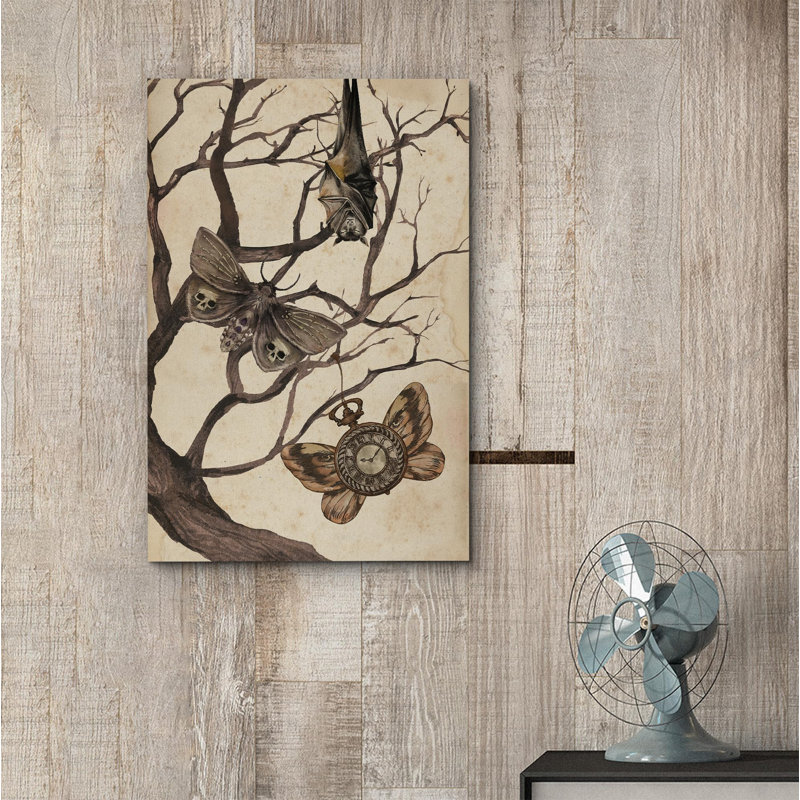 Moth and Cat debout sur un arbre, gothique, maussade, illustrations foncées, art moderne, Toile tendue, H 18 po x l 12 po