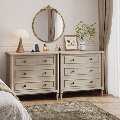 Cesare Farmhouse 30"W Nightstand with 3 Drawers and a Charging Station, Solid Wood Bedside Table Wood Night Stand