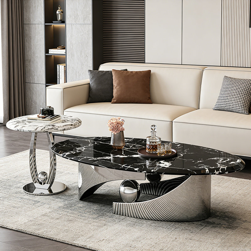 Ensemble de tables basses en marbre, 15.75" H x 51.18" L x 27.56" W, Noir / blanc