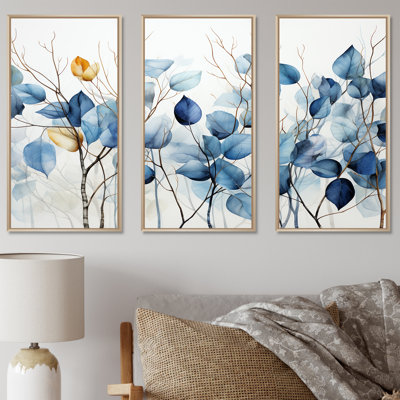 Ensemble d'art mural bleu et gris sur une branche II - feuilles