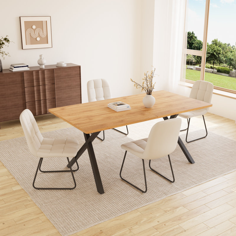 Costner 63" Modern Oak Dining Table Set For Small Spaces, 5-piece Set With Rectangular Table & 4 Padded Leather Chairs, Compact, Sturdy & Easy To Assemble