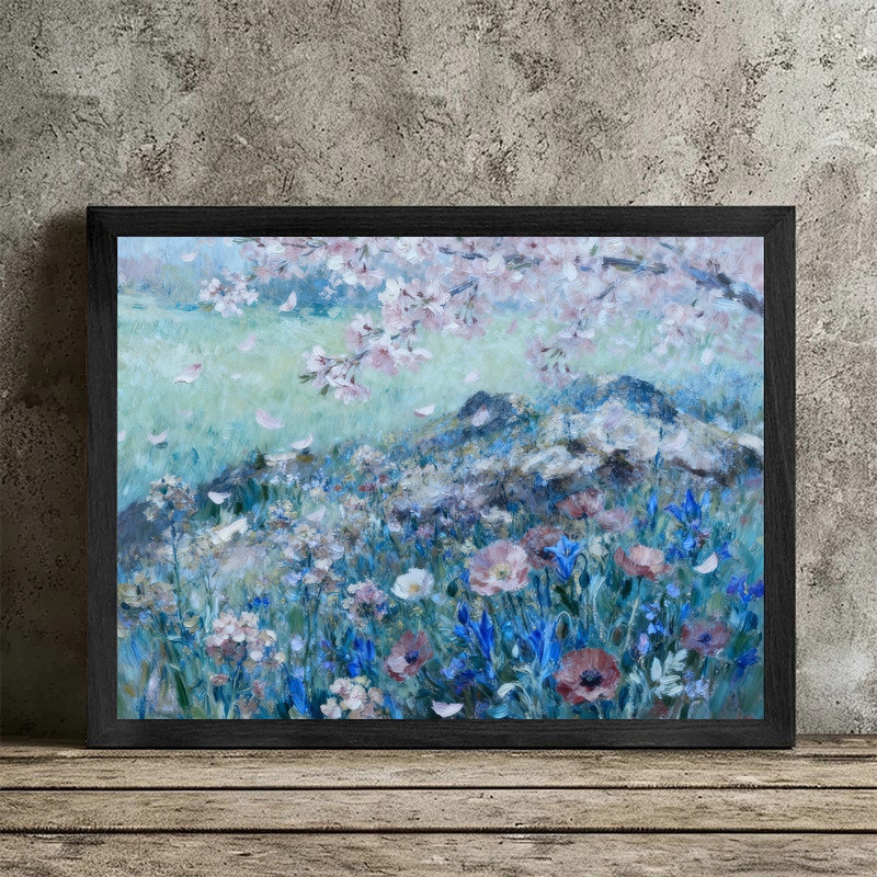 Art mural noir avec champ de fleurs sauvages impressionnistes - décorations paysagères encadrées, H 11 po x l 9 po