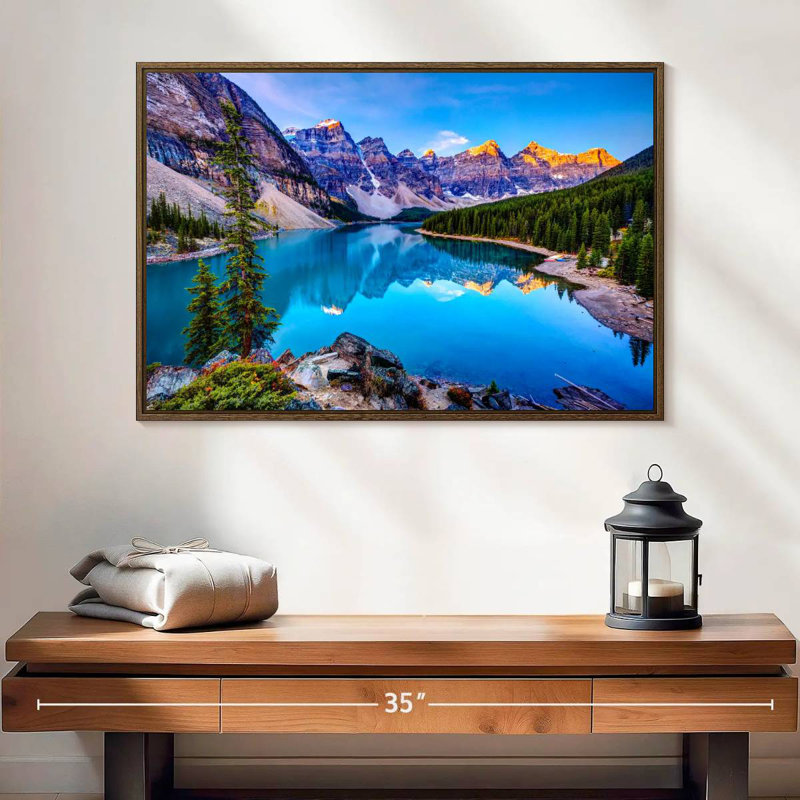 Incroyable lac Moraine, 25 po x 17 po, Cadre flottant noyer