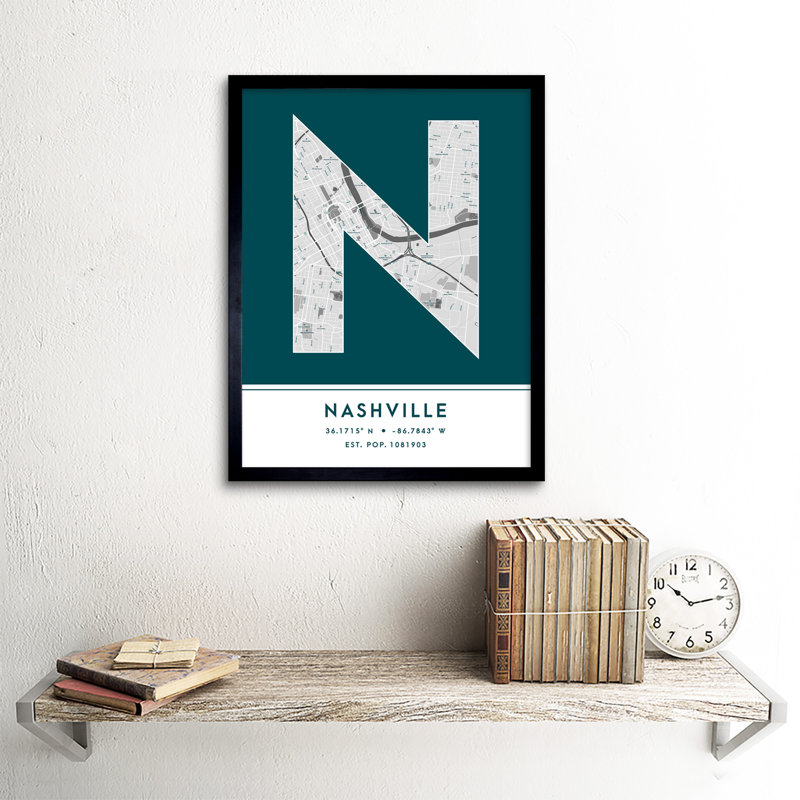 Nashville City Map Nashville Teal by Wee Blue Coo - Single Picture Frame Typography