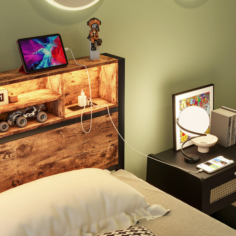 Cadre de lit avec tête de lit, lit plateforme en métal avec station de charge, rangement pour bibliothèque, aucun sommier requis, assemblage facile