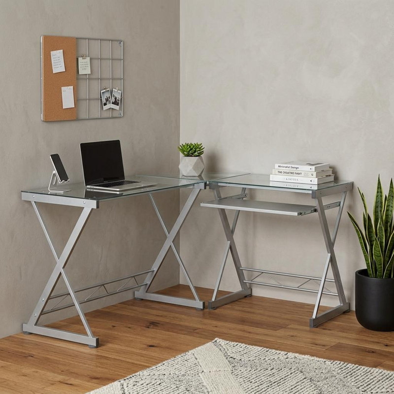 Bureau d'ordinateur en L 62 po en verre transparent et acier