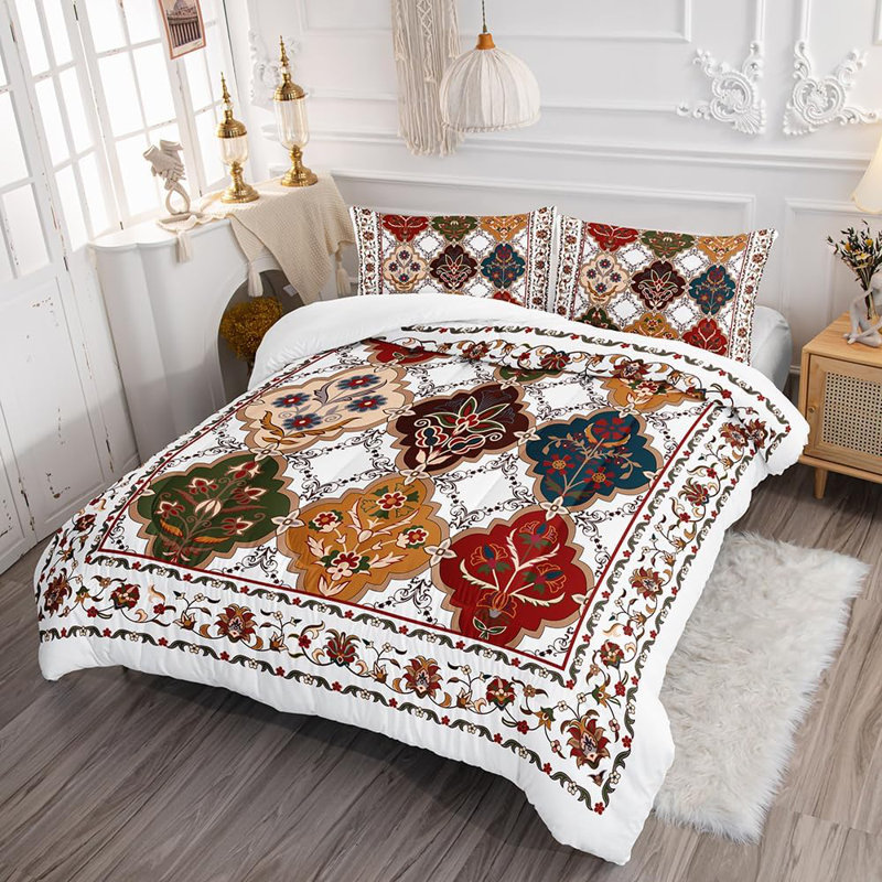 Boho Chic Flower White Soft Microfiber Comforter Set Bohemian Paisley Beding Set, Queen Comforter + 2 Standard Shams