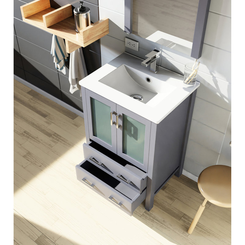 24 po I Le meuble-lavabo gris foncé est doté d'un plateau en céramique blanche, d'un miroir mural mince à 22 attaches, de tiroirs à fermeture en douceur et d'une baignoire à largeur de conception avec fonction de fermeture rectangulaire suspendue, amplement