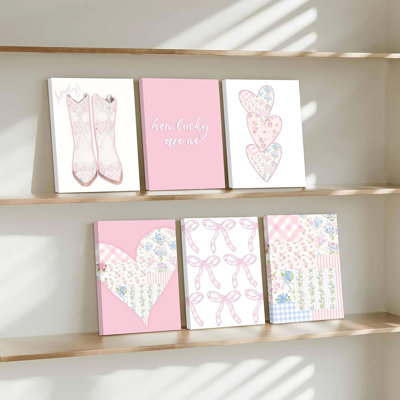 6 PCS encadré rose BCBG art mural Coquette Bow bottes mignon rose arcs combien chanceux sommes-nous impression d'affiche cœur collage peinture image pour les filles dortoir décor salon chambre décoration de la maison