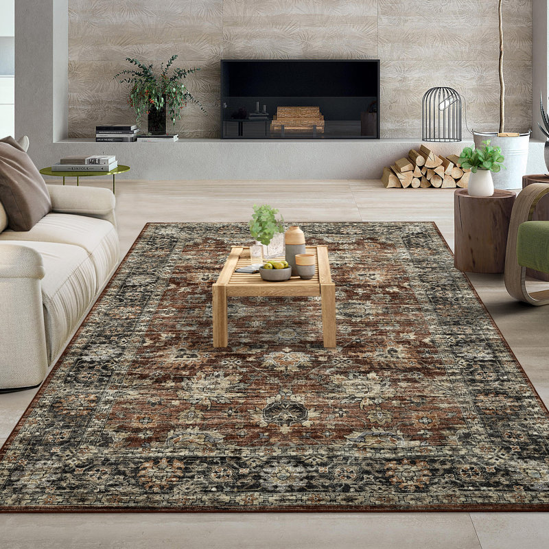 Oriental Machine Washable Rug with Rubber Backing for Living Room Vintage Non-Slip Dining Room Rug Easy-Cleaning Floor Carpet for Bedroom Office Playroom