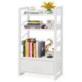 Small Bookshelf With Drawer ,4-Tier Wood Book Shelf Industrial Narrow Bookcase Storage Organizer Metal Stackable Shelves For Desktop Bedroom Living Room Home Office (White)