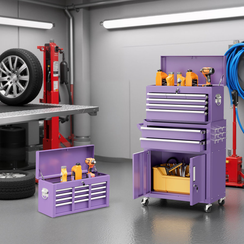 8 Drawers Rolling Tool Chest, 2-in-1 Detachable Metal Tool Cabinet with Lockable Wheels, Purple