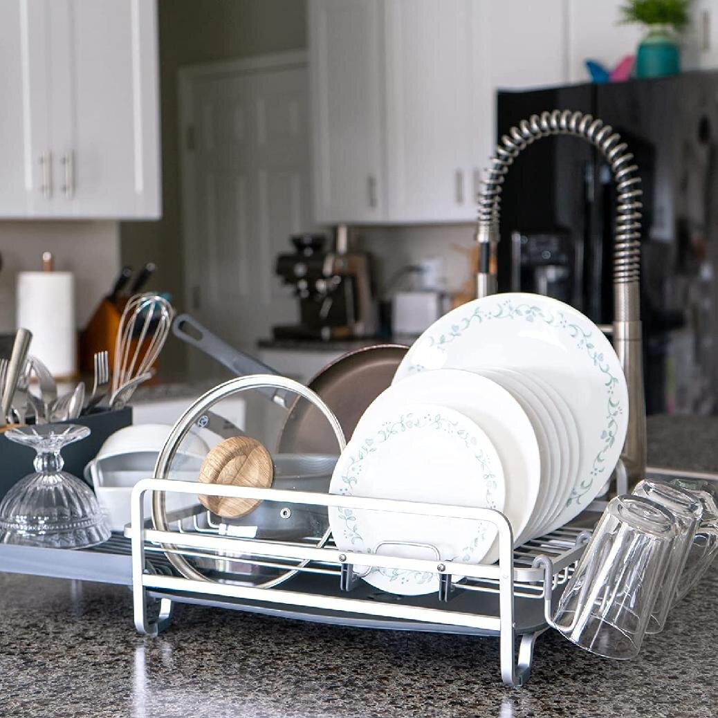 Dish Drying Rack, Stainless Steel Dish Rack and Drainaboard Set,  Expandable(11.5-19.3) Sink Dish Drainer with Cup Holder Utensil Holder  for Kitchen Counter 
