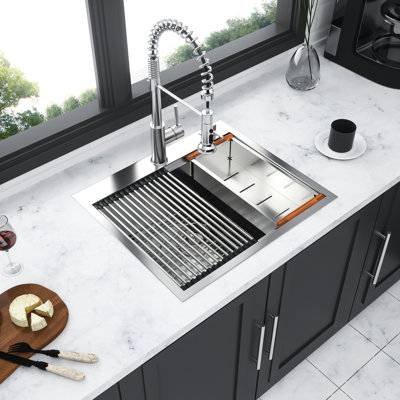 Stainless Steel Kitchen Sink 25 Inch Drop-In, 16 Gauge, Rust- Coating, Brushed Nickel, Workstation 25"X22" Drop-In Sink, Edge Design, Basin