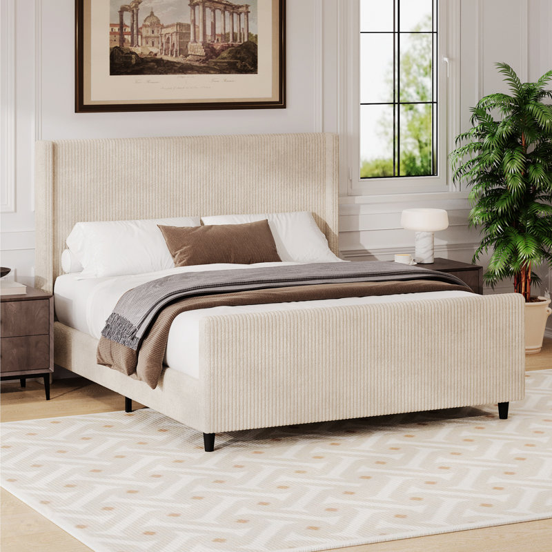 50.7'' High Headboard Corduroy Upholstered Bed Frame With Vertical Stripe Wingback And High Footboard No Box Spring Needed