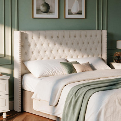 Tufted Wingback Upholstered Headboard with Nailhead Trim
