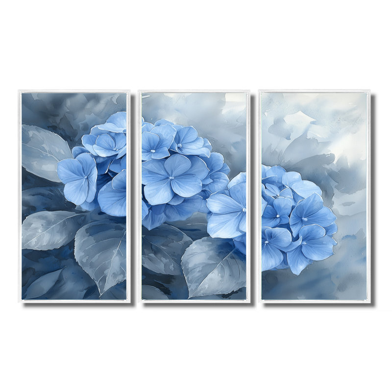 Hydrangeas In Greyscale Garden II - Hydrangea Wall Art Decor - 3 Pieces, 40" H x 60" W, Blanc