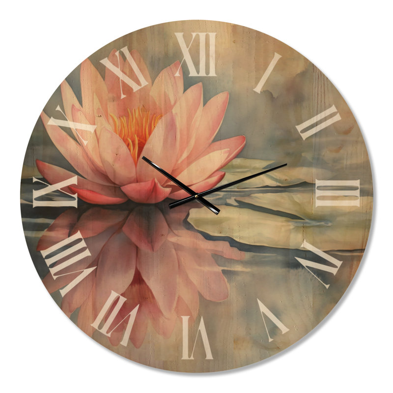 Grande horloge murale en bois à imprimé botanique - Lotus rose tendre, Oversized