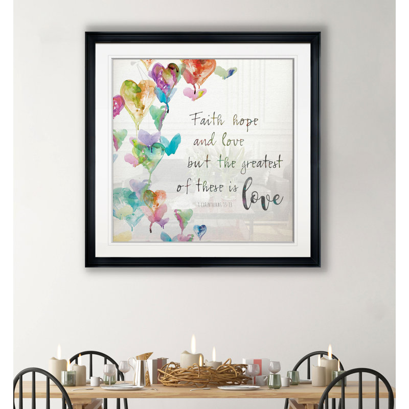 Faith, Hope and Love - impression d'art textuel, H 17,5 po x l 17,5 po x P 1,5 po, Encadré dans du plastique noir