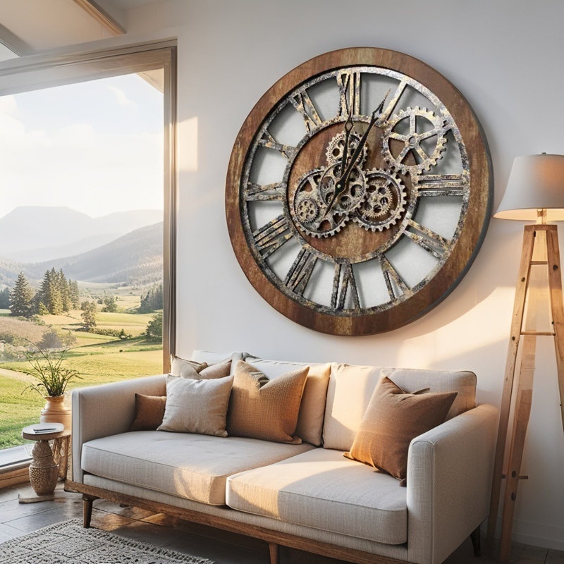 Horloge murale ronde surdimensionnée de 24 po pour le salon avec la collection America, Brun rétro