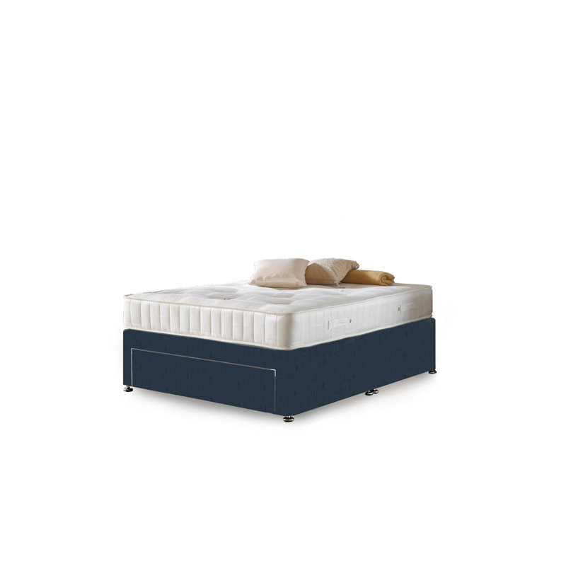 Asia Upholstered Divan Bed with Mattress, Midnight Blue Linen, Small Single, 2 Drawers