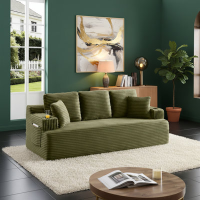 Canapé désossé avec 2 coussins, tissu en velours côtelé 3 places avec porte-gobelet et poche latérale pour une installation facile et des sièges confortables (vert, 3 places)