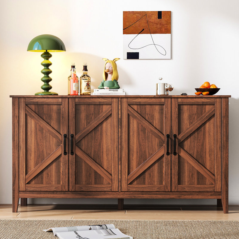 Armoire à finition noyer avec 4 portes et tablettes ouvertes - Intérieur spacieux pour le salon, la chambre à coucher, la conception de bureau