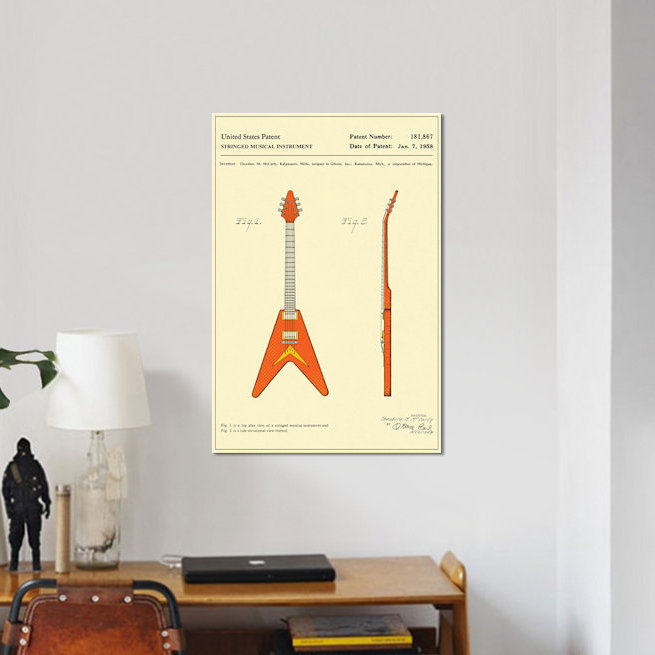 " T.M. McCarty (Gibson) Stringed Musical Instrument ("Flying V") Patent " by Jazzberry Blue East Urban Home