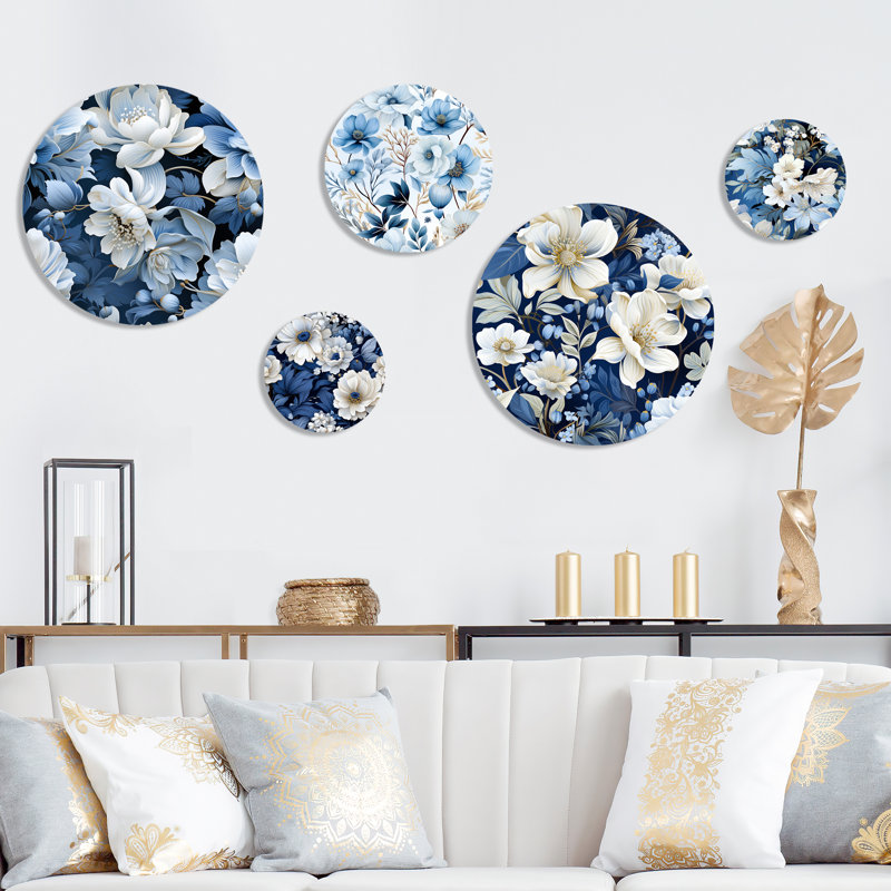 Motif botanique arctique bleu et blanc - ensemble floral mural floral rond de 5